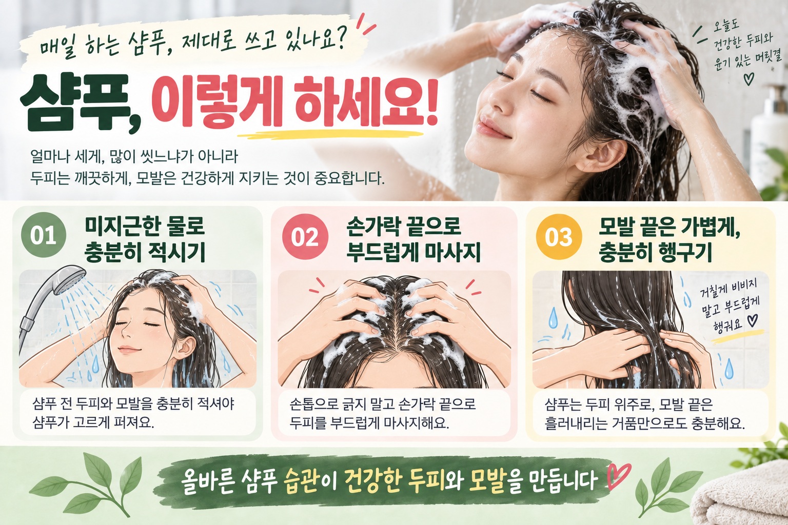 올바른 샴푸 방법, 두피는 부드럽게 씻고 머리카락은 비비지 마세요