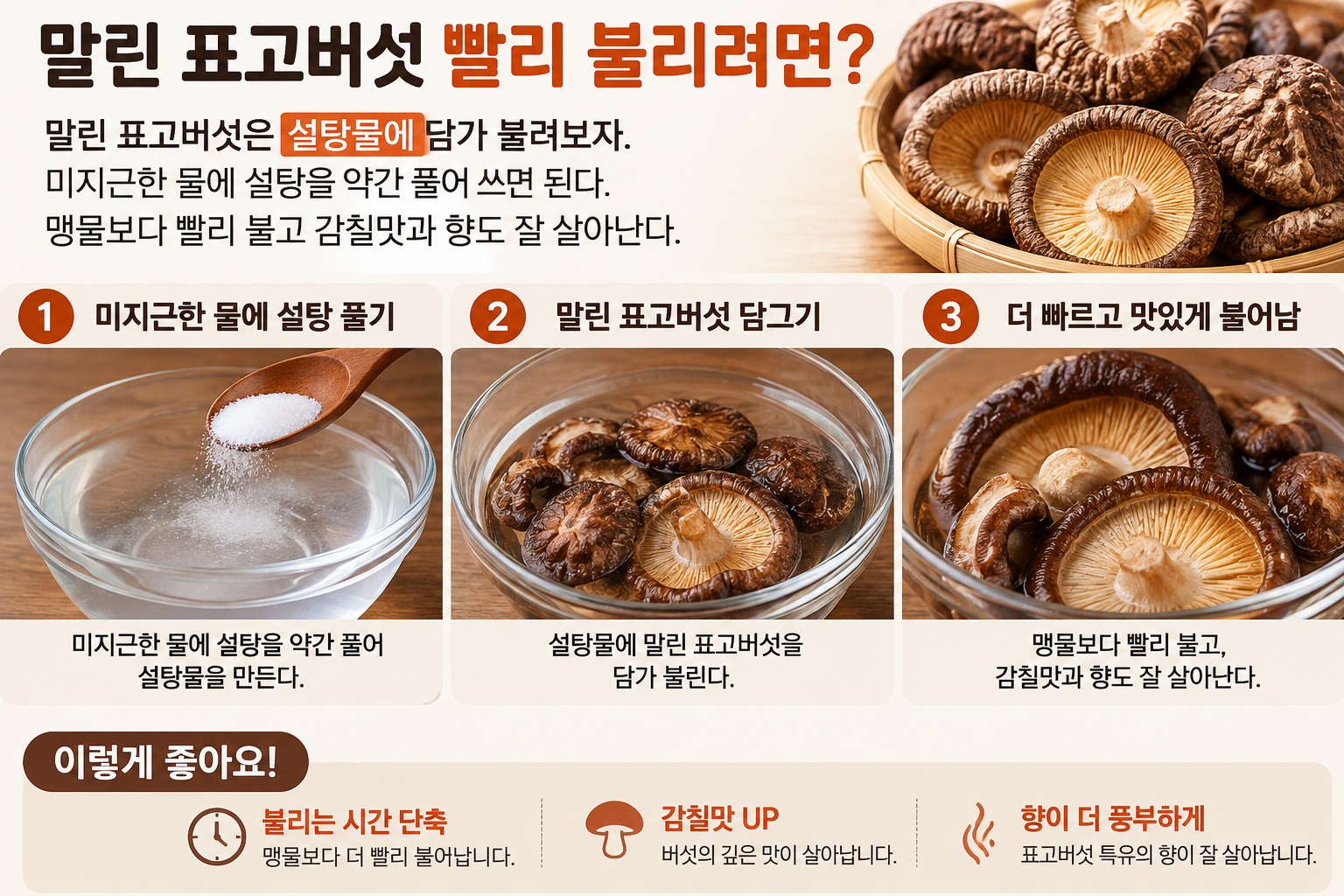 말린 표고버섯 빨리 불리기, 설탕물로 시간 줄이고 감칠맛 살리는 법