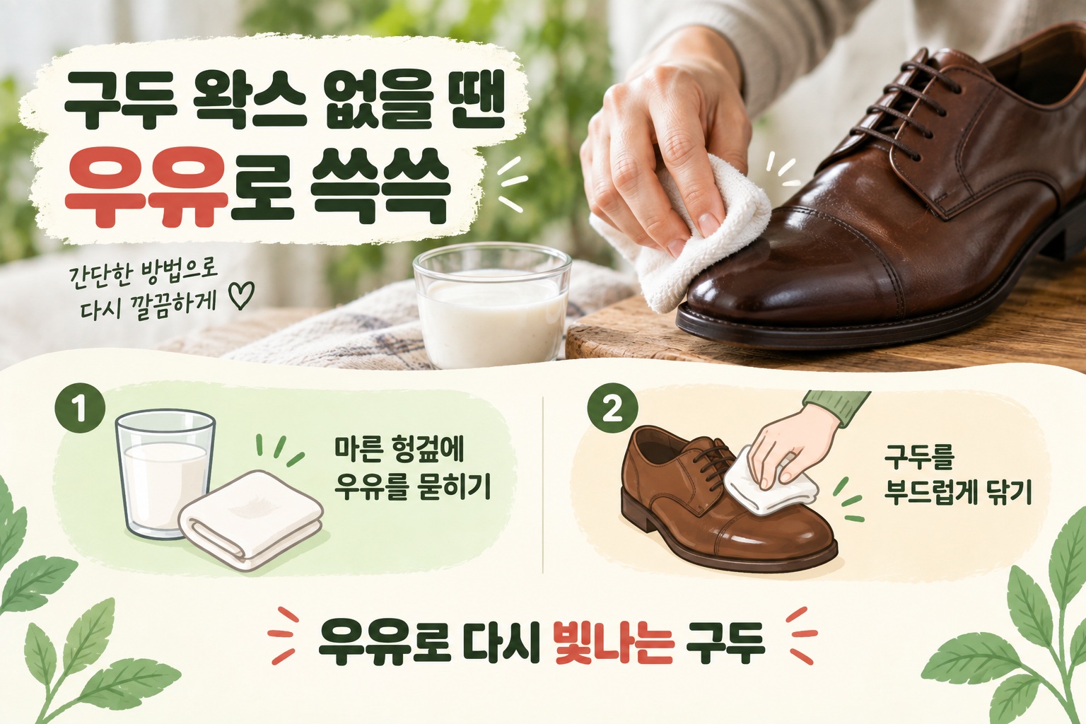 구두 왁스 없을 때 우유로 가죽 구두 얼룩 닦는 간단한 방법
