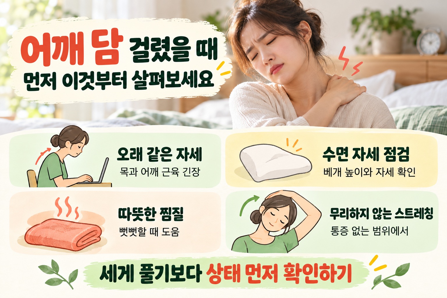 어깨 담 걸렸을 때, 원인부터 찜질·스트레칭·병원 가야 할 신호까지