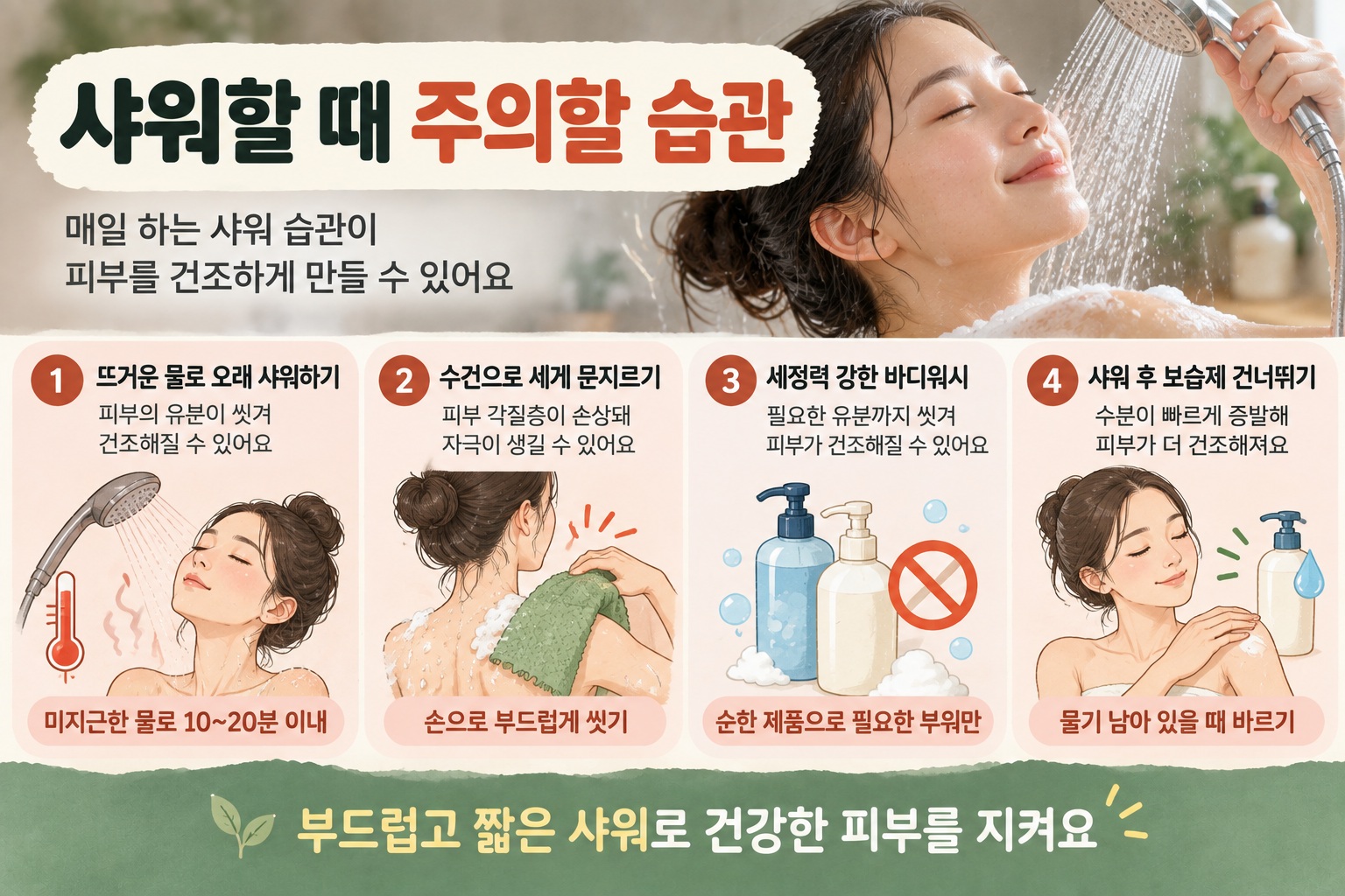 피부 건조 부르는 샤워 습관 4가지, 뜨거운 물·때수건부터 보습까지
