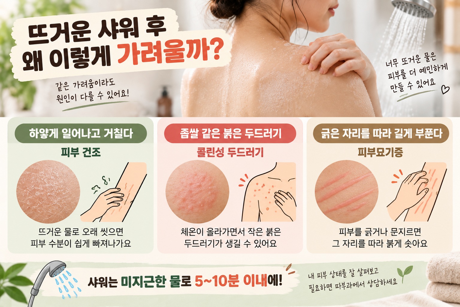 샤워 후 가려움증, 하얀 각질·붉은 좁쌀·긁은 자국으로 원인 구별
