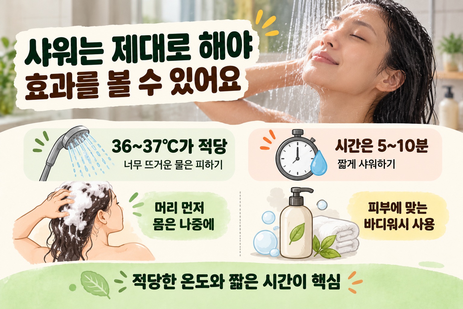 올바른 샤워 방법, 물 온도 36~37℃부터 머리 감는 순서·보습까지