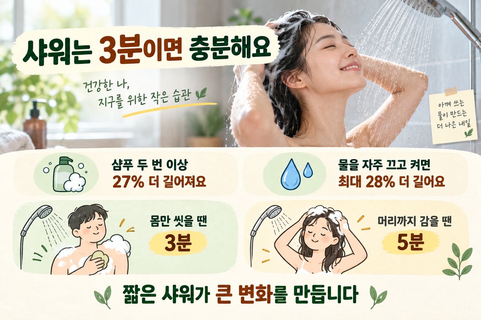 샤워기 아래에서 샴푸 거품을 내며 머리를 감는 모습