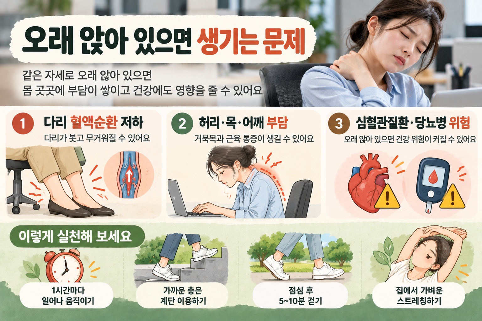 오래 앉아 있으면 생기는 변화, 다리 부종부터 혈당·심혈관 건강까지
