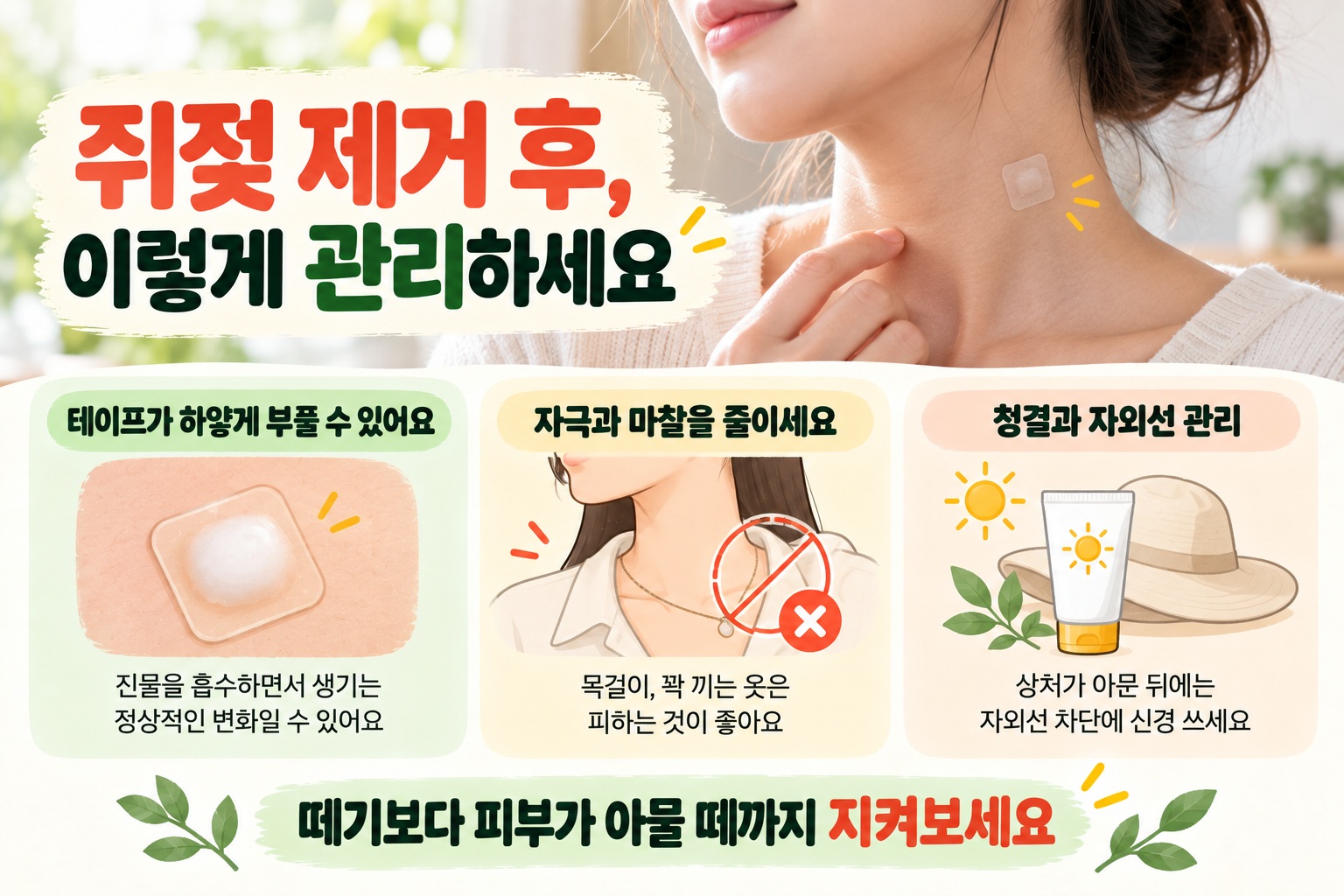 쥐젖 제거 후 관리, 재생테이프 교체부터 세안·운동·자외선 주의사항까지