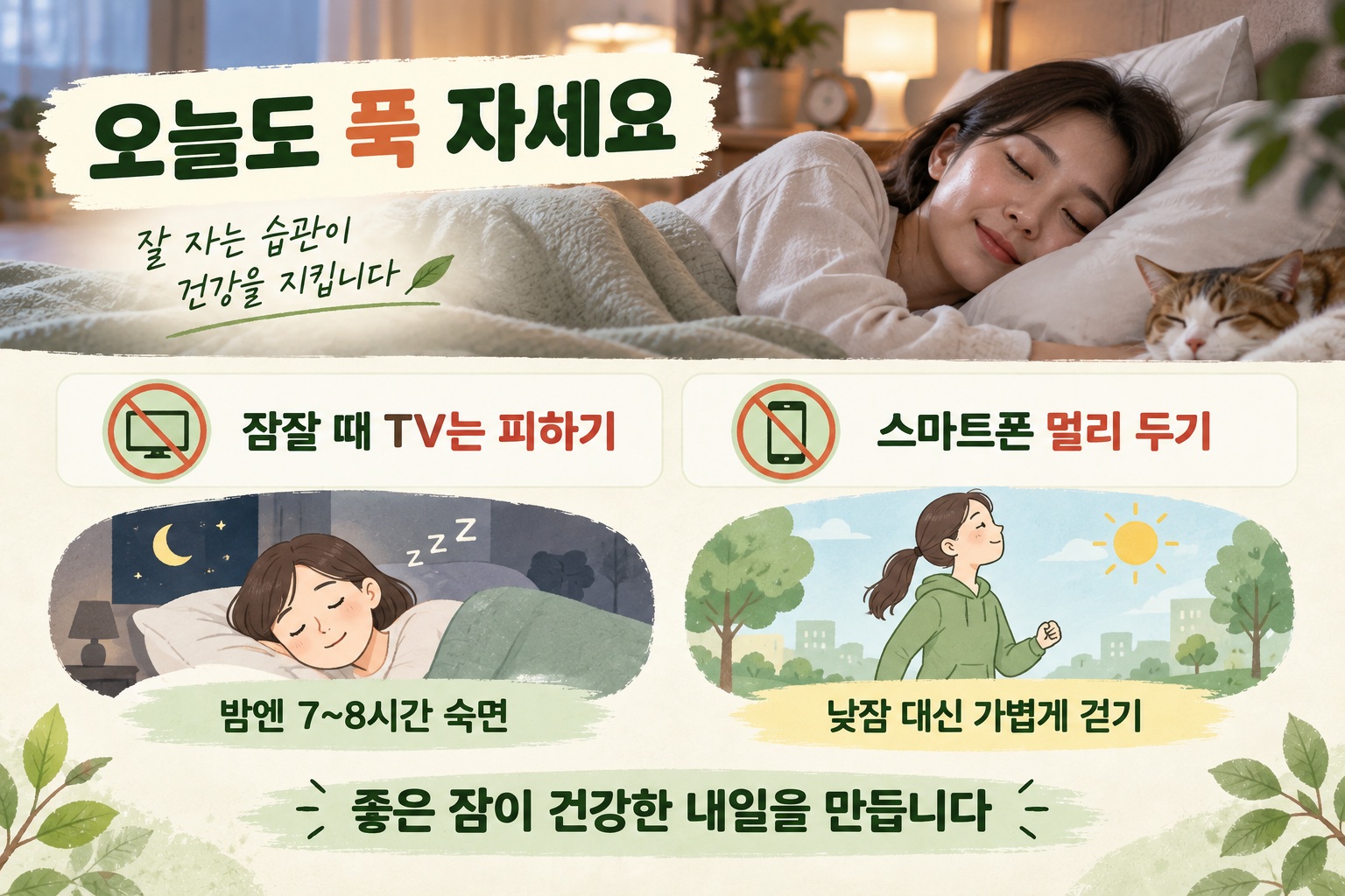 어두운 침실에서 TV와 스마트폰 불빛을 끄고 편안하게 잠자리에 든 모습