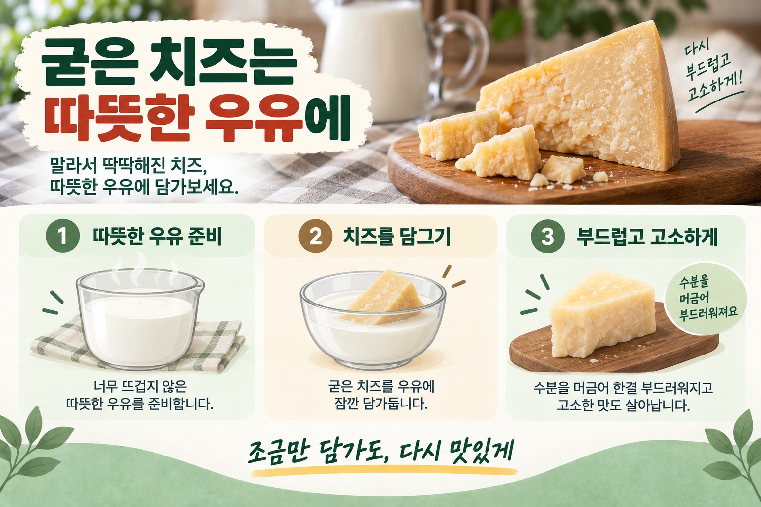 굳은 치즈 부드럽게 만드는 법, 따뜻한 우유에 담그면 식감이 살아난다