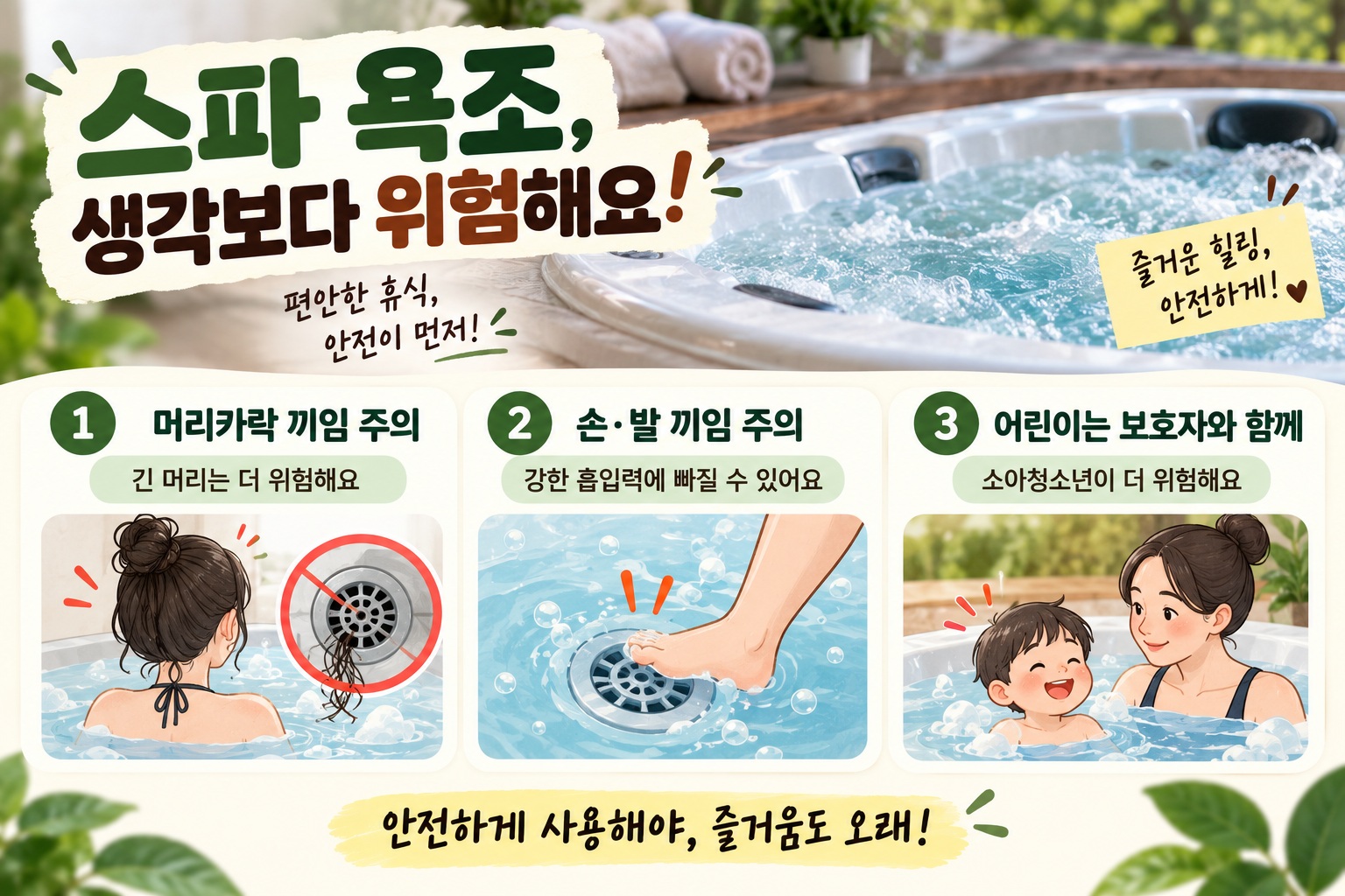 스파 욕조 사고, 배수구 흡입력에 머리카락·신체 끼일 수 있다…안전수칙은