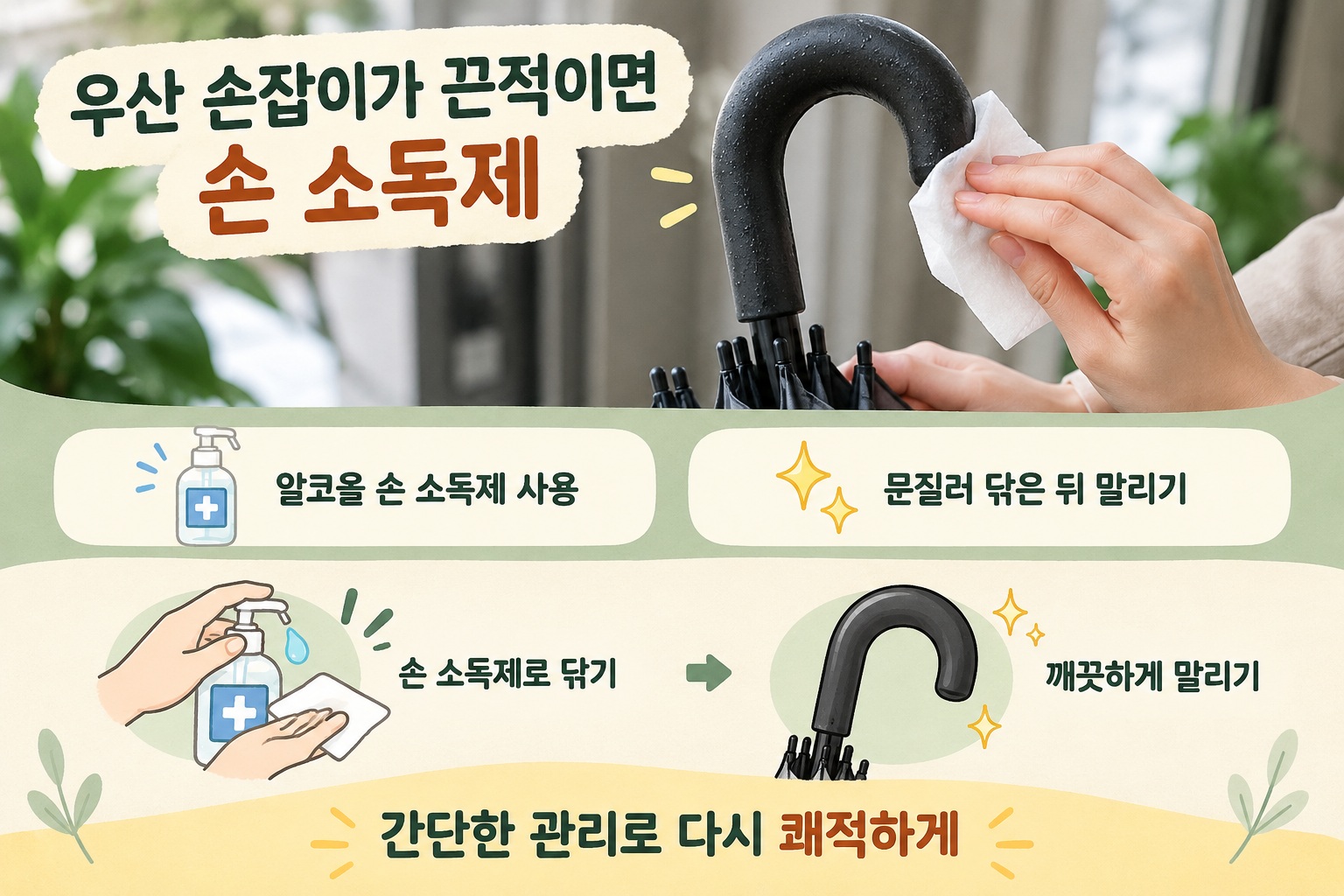 우산 손잡이 끈적임 제거, 물티슈 말고 손 소독제로 닦는 간단한 방법