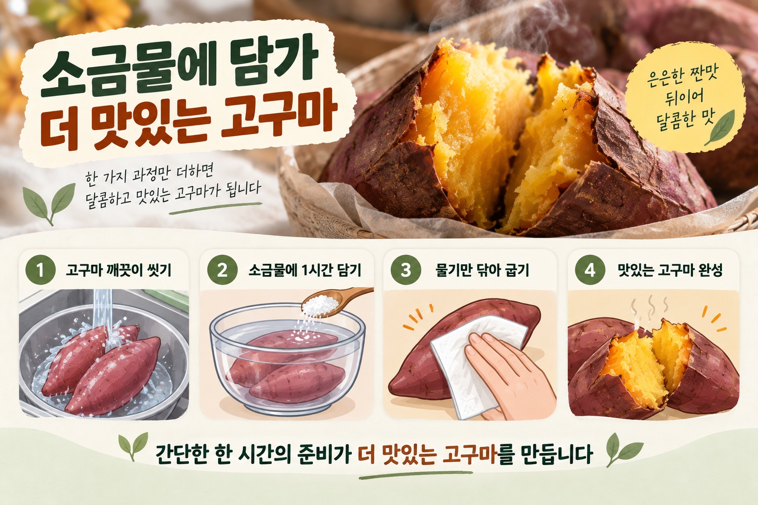 고구마 소금물에 1시간 담갔다 구우면 달라지는 맛, 실패 없이 굽는 법