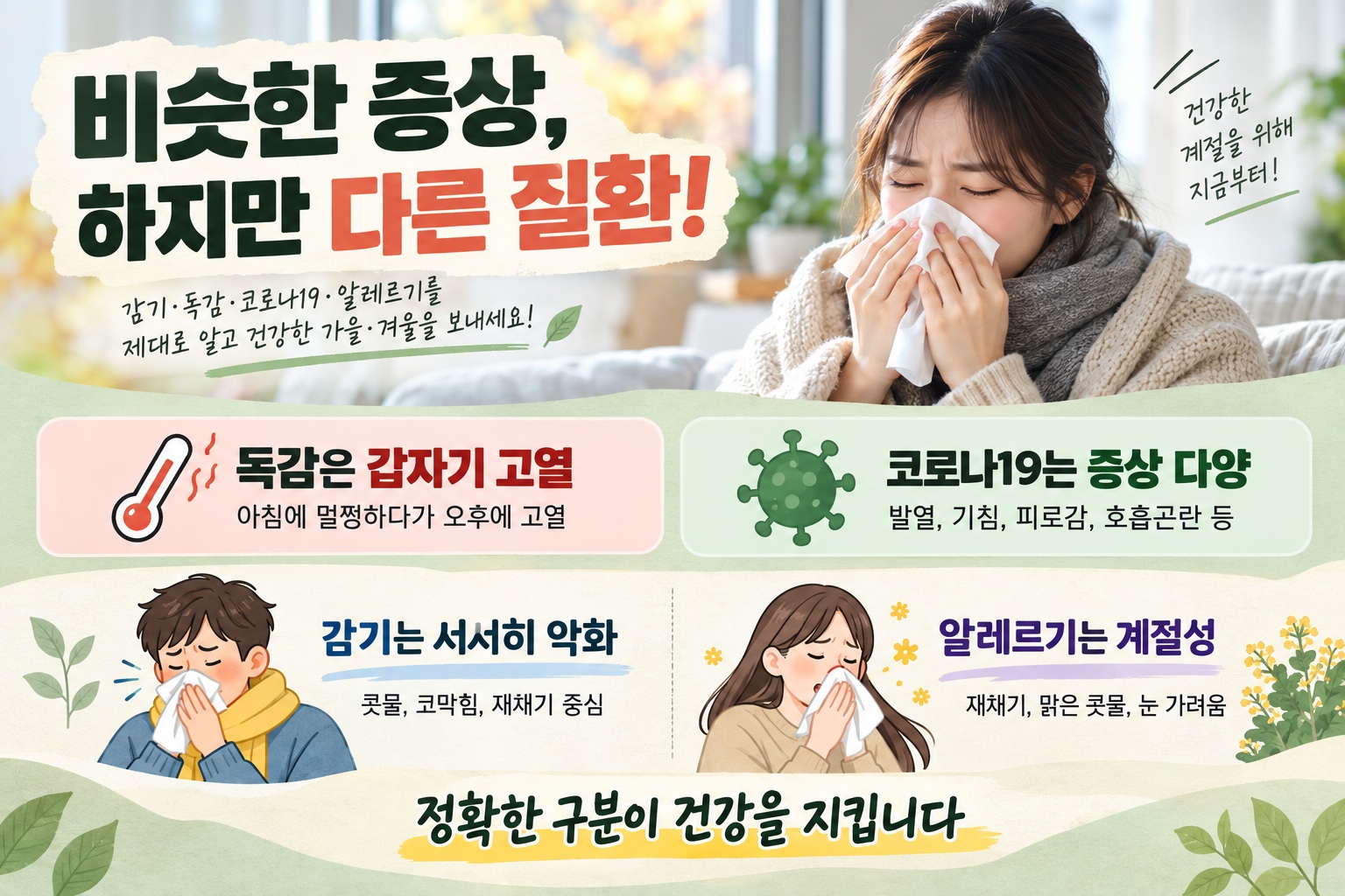 독감 코로나 감기 알레르기 차이, 증상 시작 속도부터 발열·몸살까지 구별법