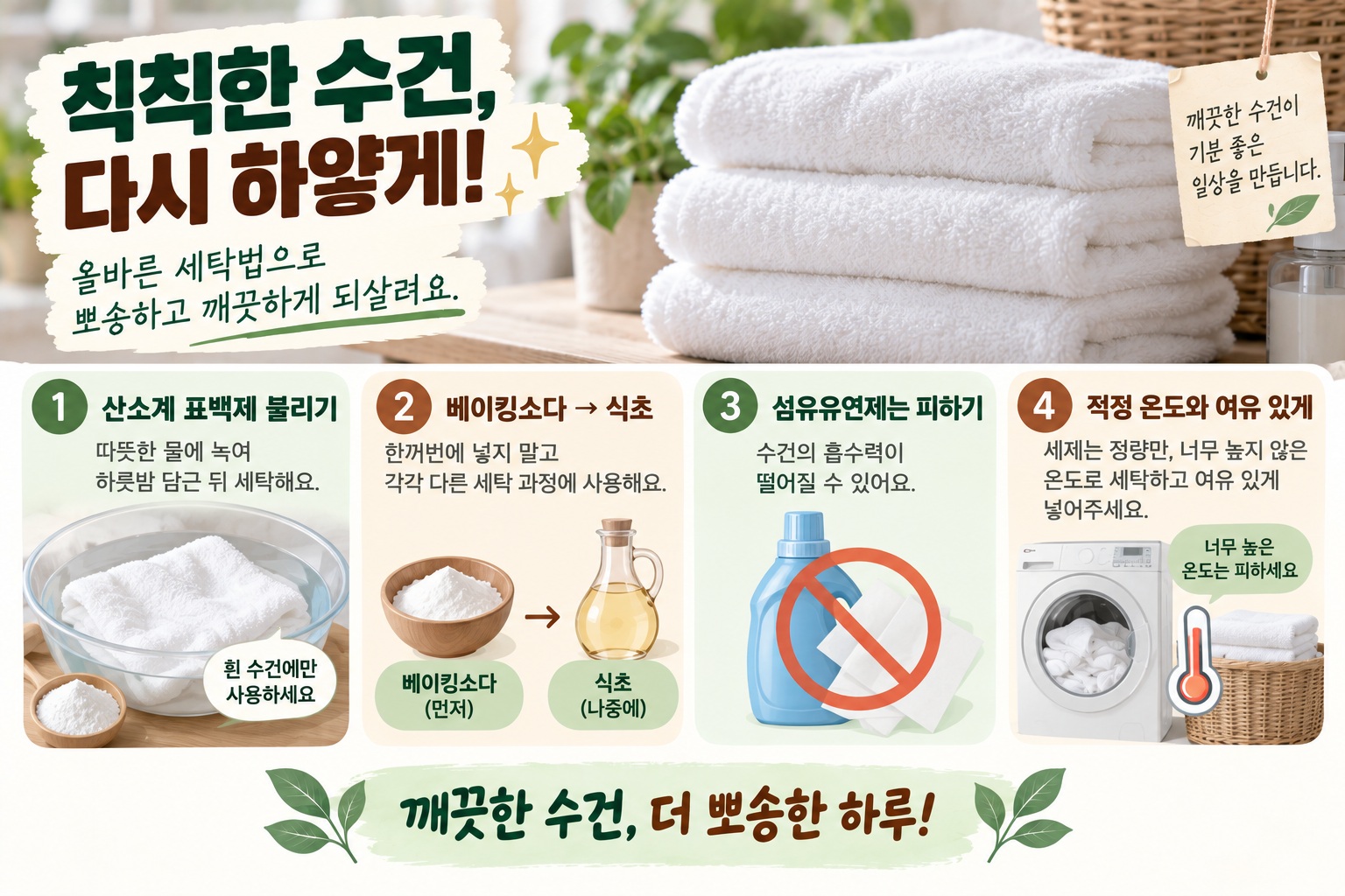 누런 수건 하얗게 만드는 법, 과탄산소다 불림부터 세탁 습관까지