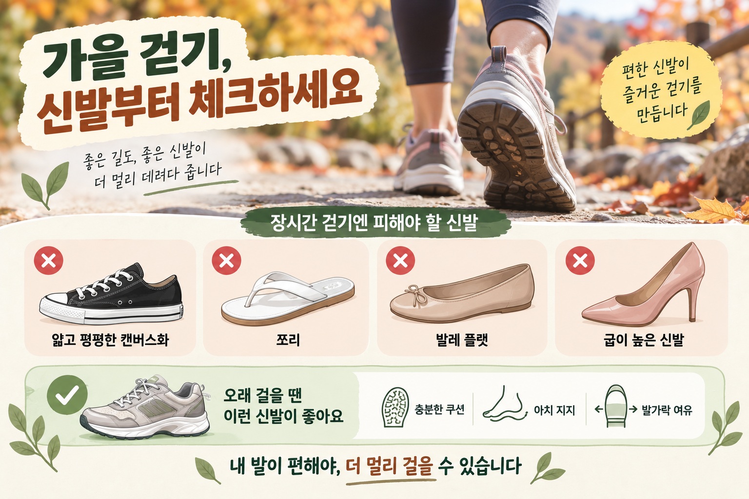 장시간 걷기 신발, 캔버스화·쪼리·플랫·하이힐이 발에 부담되는 이유