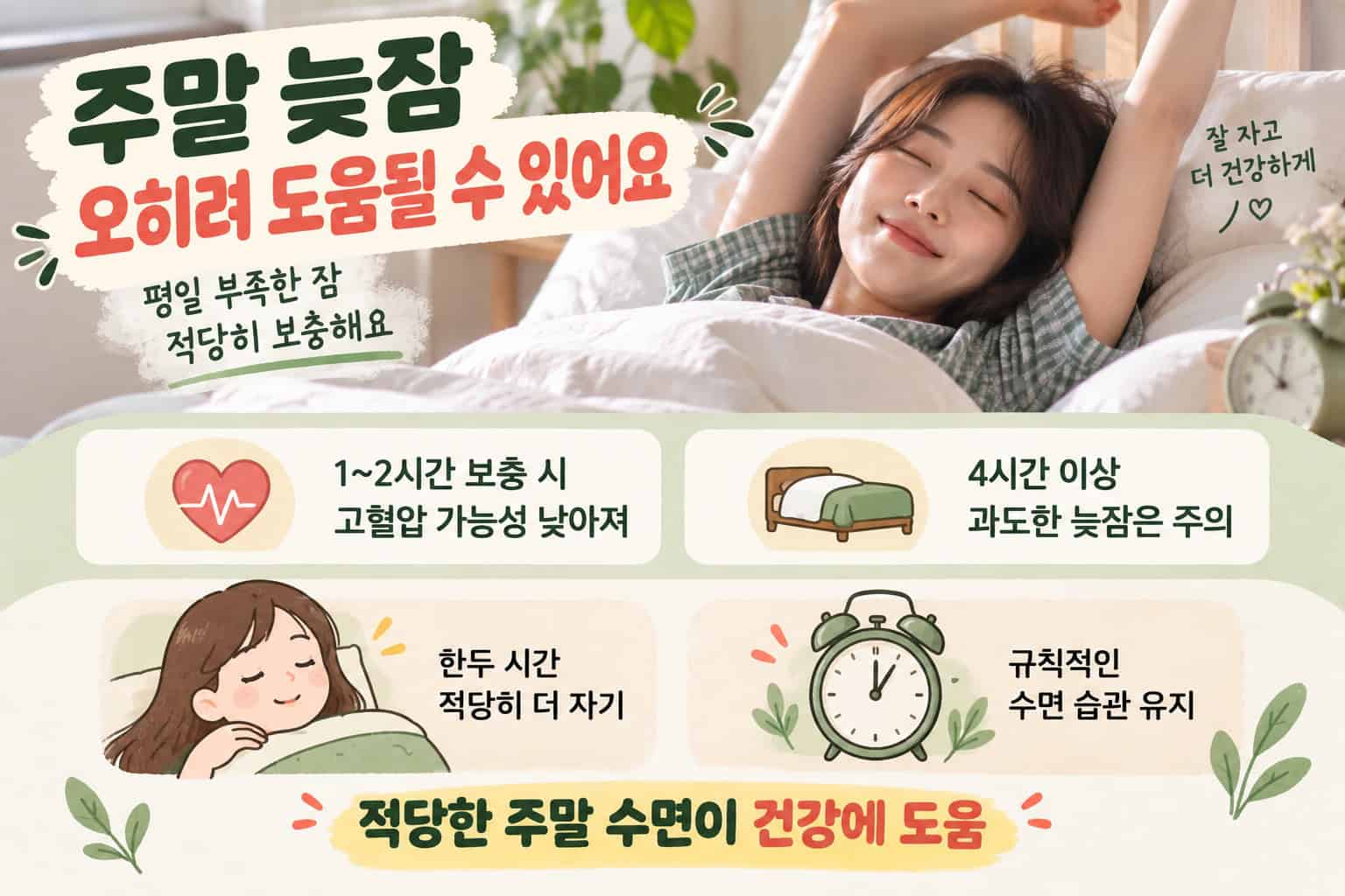주말 아침 침대에서 평소보다 늦게까지 편안하게 잠을 자며 부족한 수면을 보충하는 모습