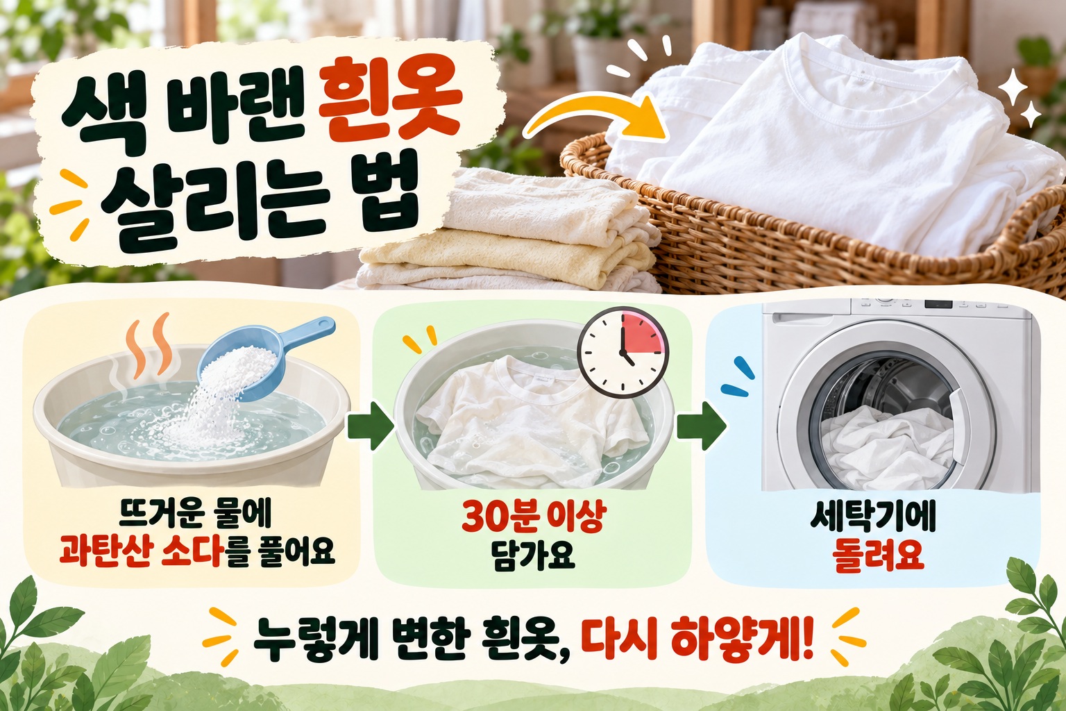 흰옷 누런때 제거, 과탄산소다로 하얗게 만드는 물 온도와 30분 세탁법