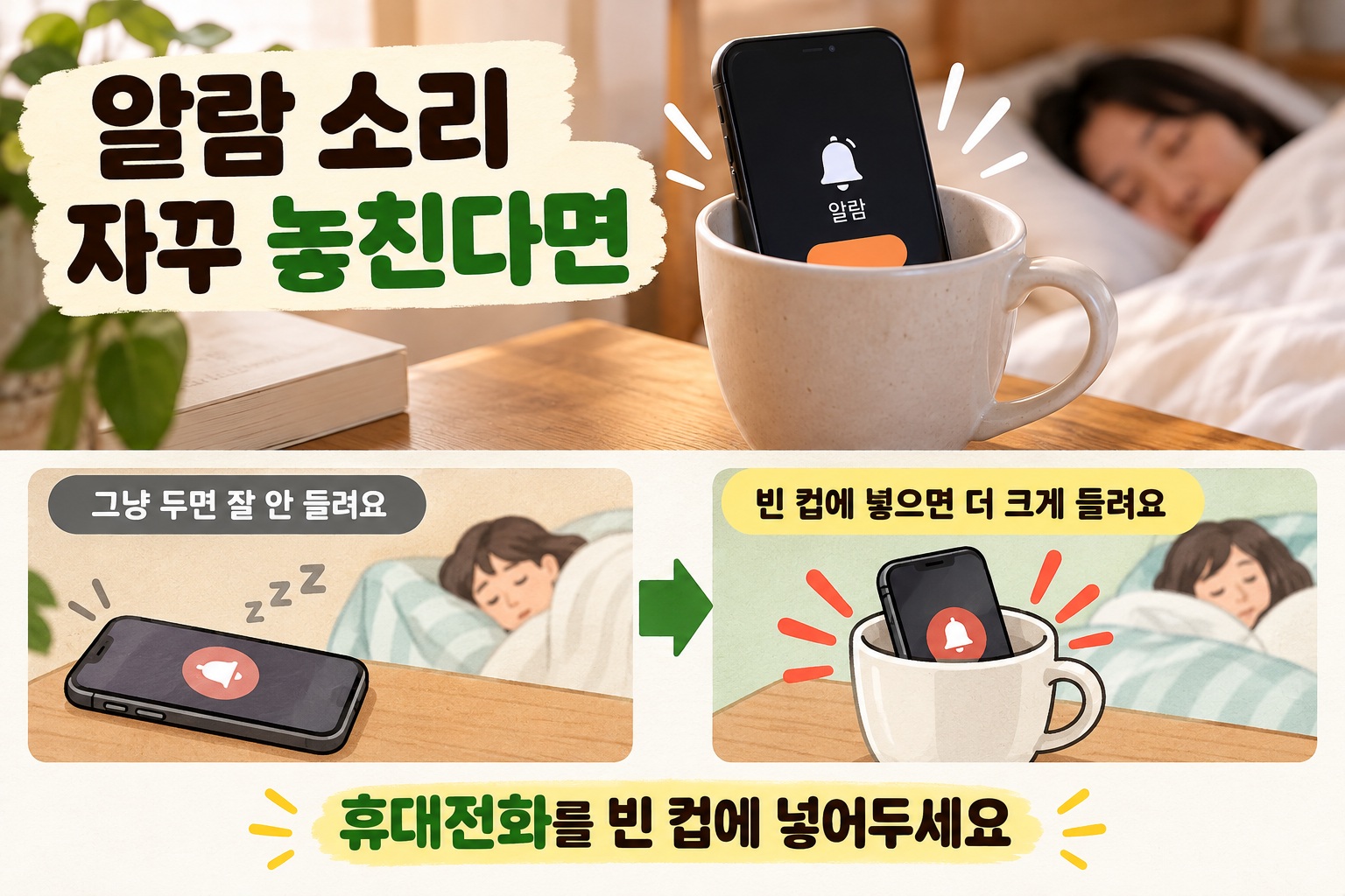 알람 소리 자꾸 놓친다면 휴대전화를 빈 컵에 넣어 더 크게 듣는 방법
