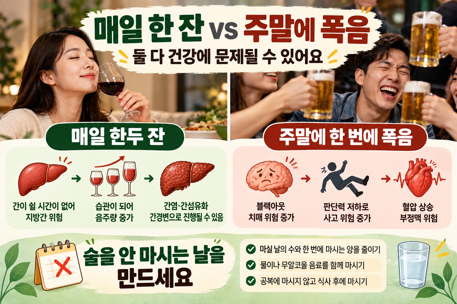 매일 술 한잔과 주말 폭음, 간·뇌·심혈관 위험이 다른 이유