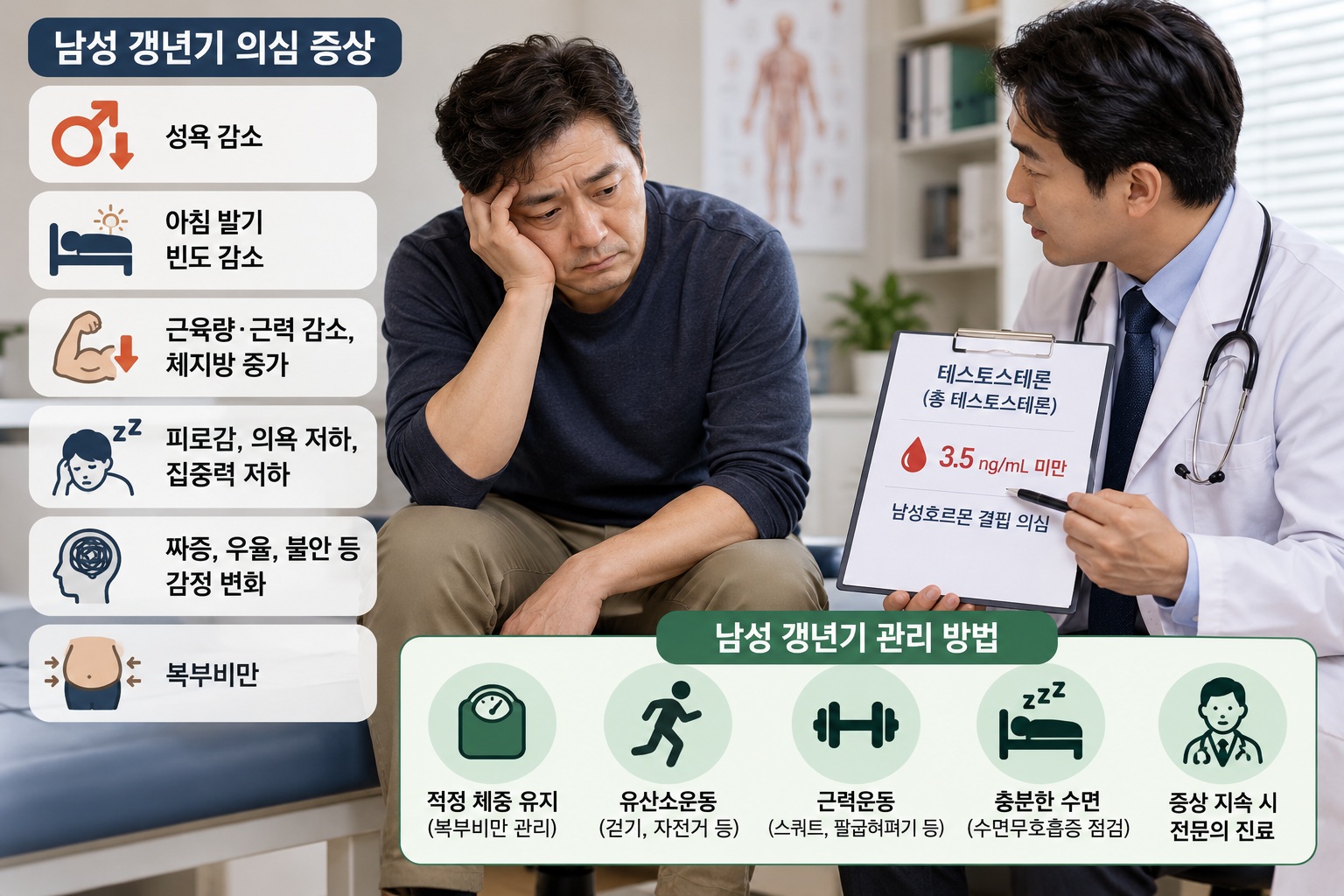남성 갱년기 증상, 성욕 저하·아침 발기 감소부터 혈액검사와 관리법까지
