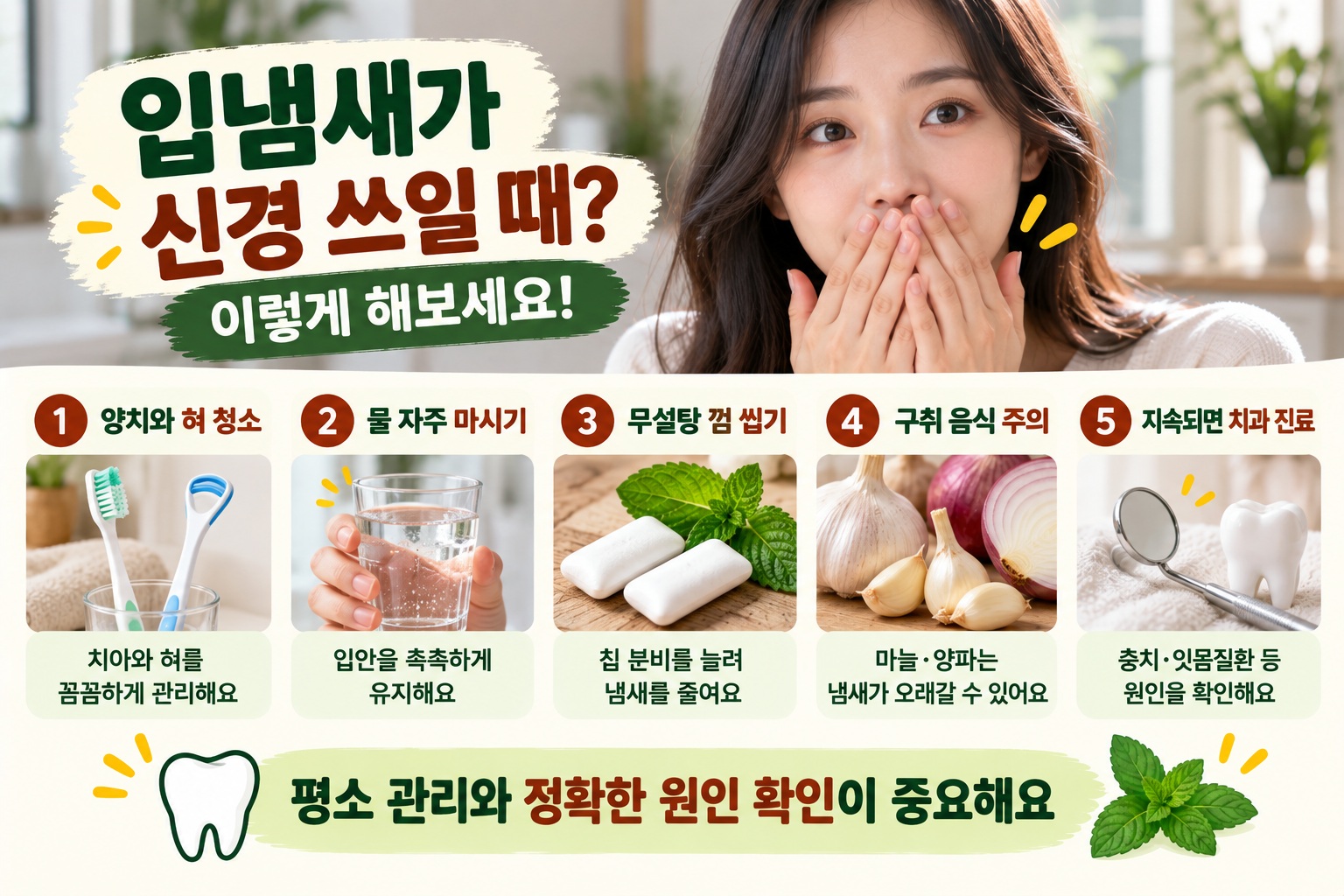 입냄새 제거, 마늘·커피 냄새 급할 때 줄이는 법과 구취 확인 방법