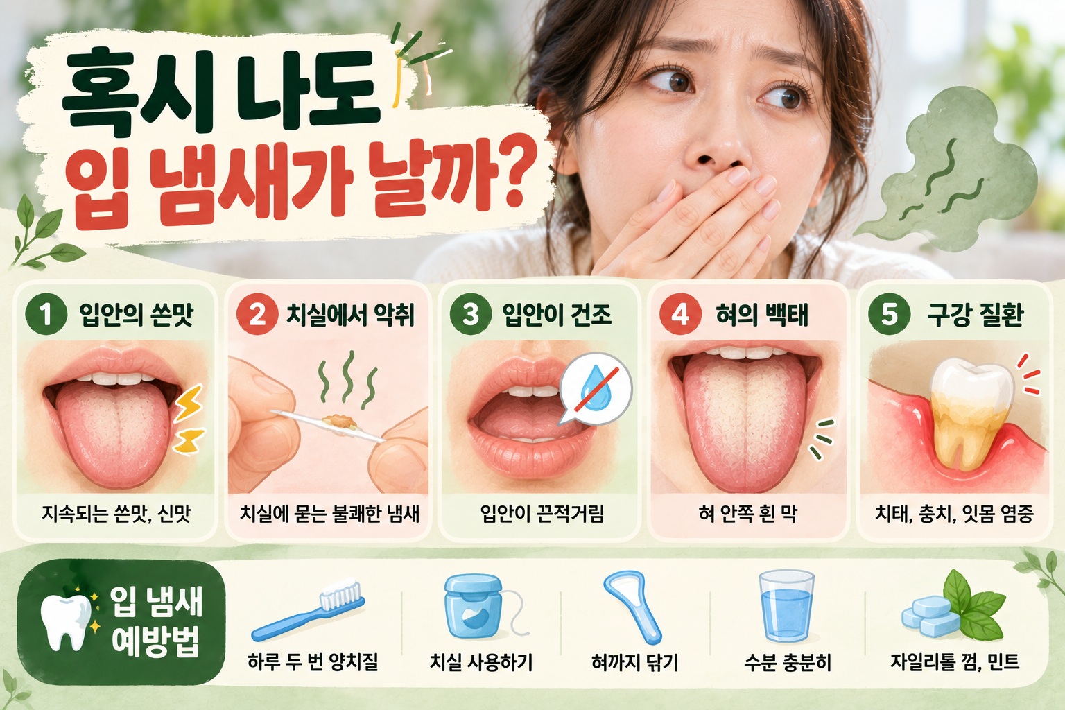 입냄새 자가진단, 쓴맛·치실 냄새·백태로 확인하는 구취 신호 5가지