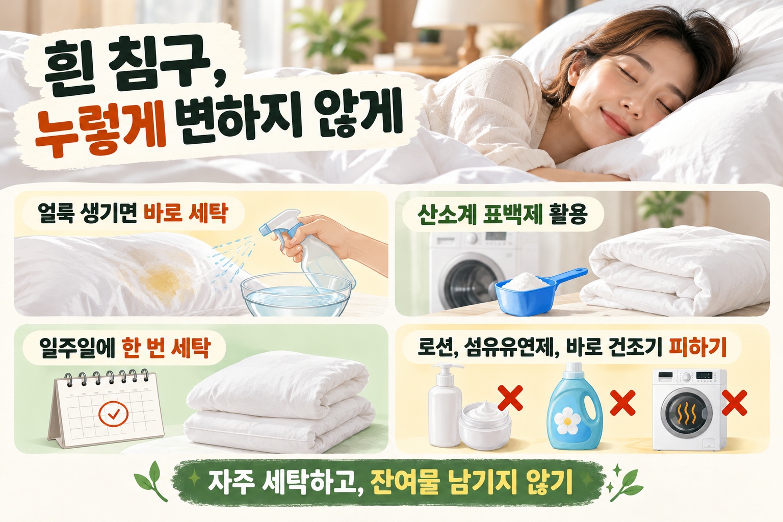 흰 침구 누런 얼룩 제거, 황변 막는 세탁법과 관리 습관 8가지