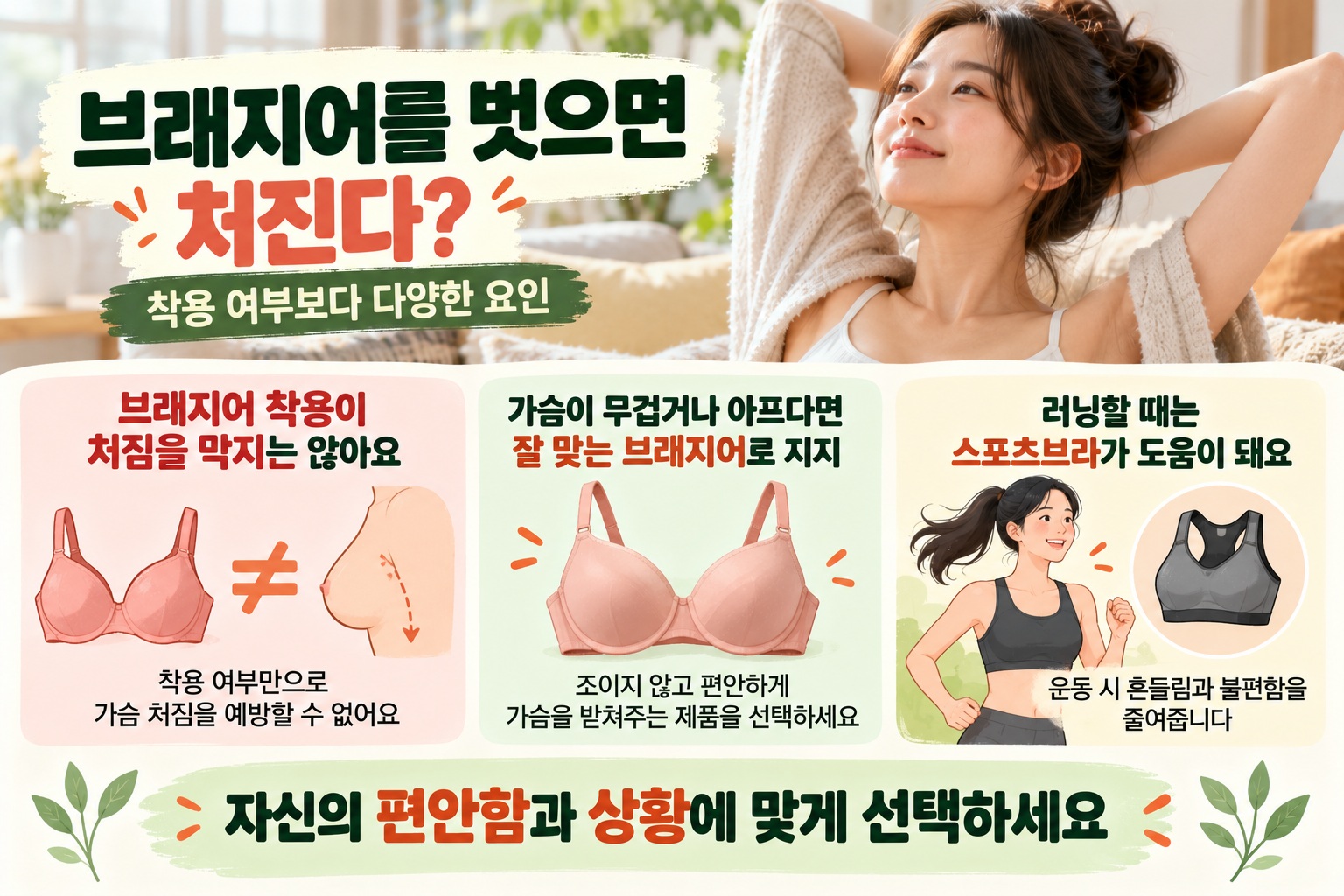 노브라 가슴 처짐, 브래지어 벗는다고 정말 처질까…착용보다 중요한 요인