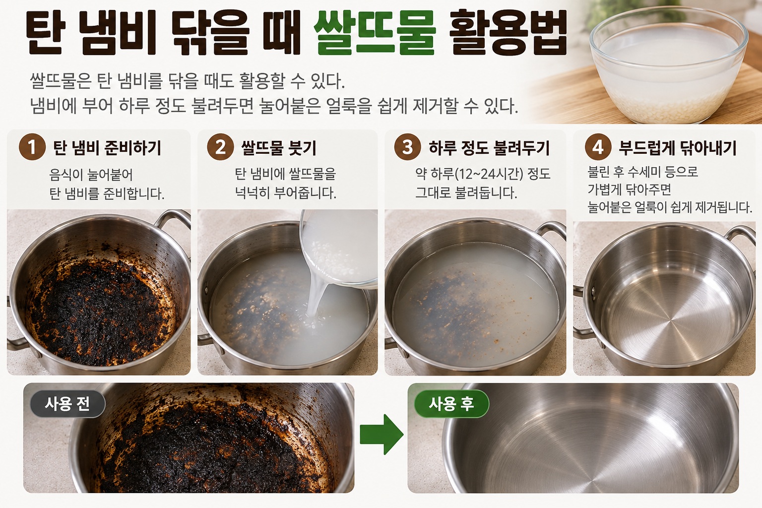 탄 냄비 쌀뜨물로 닦는 법 하루 불려두면 눌어붙은 자국 제거가 쉬워지는 이유