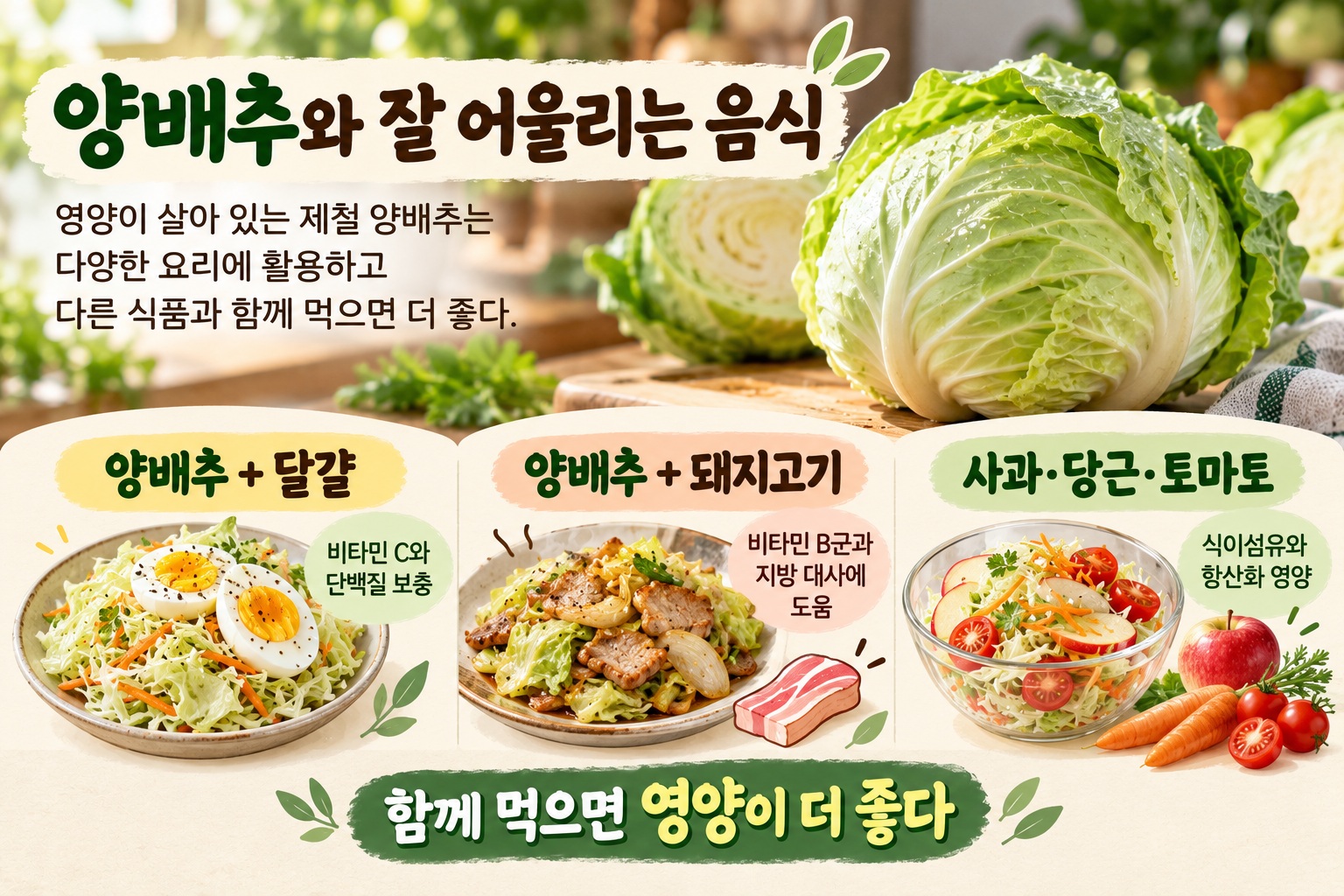 양배추와 같이 먹으면 좋은 음식, 달걀·돼지고기부터 사과·당근까지