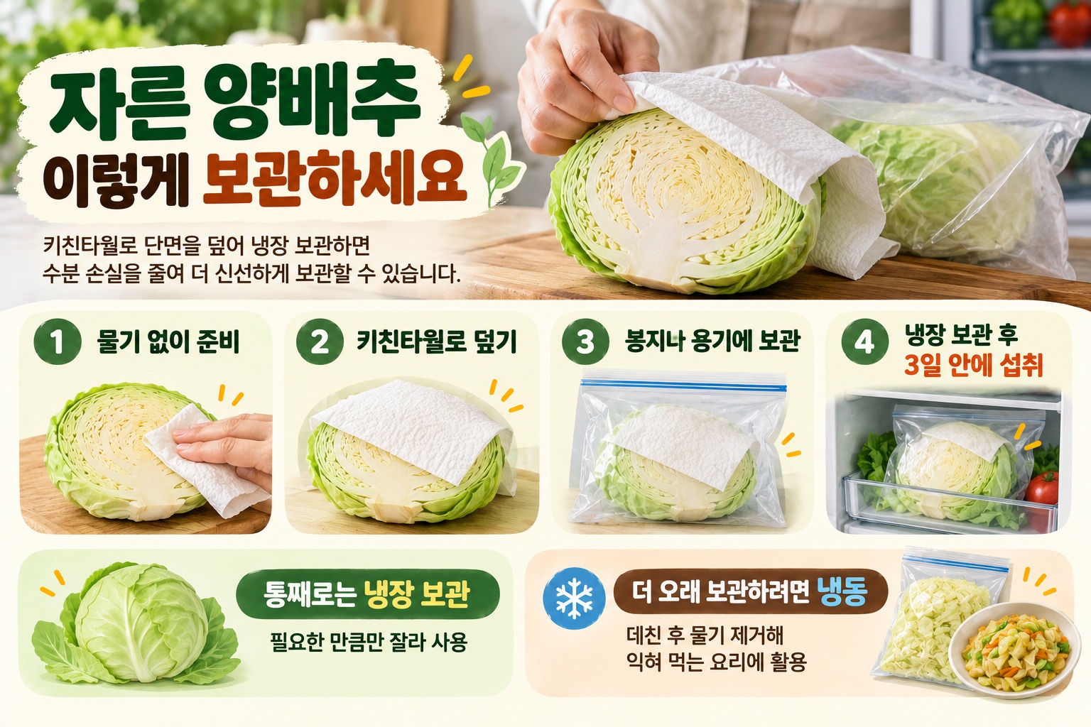 양배추 보관법, 자른 단면 마르고 갈변할 때 키친타월로 신선하게 보관하는 법