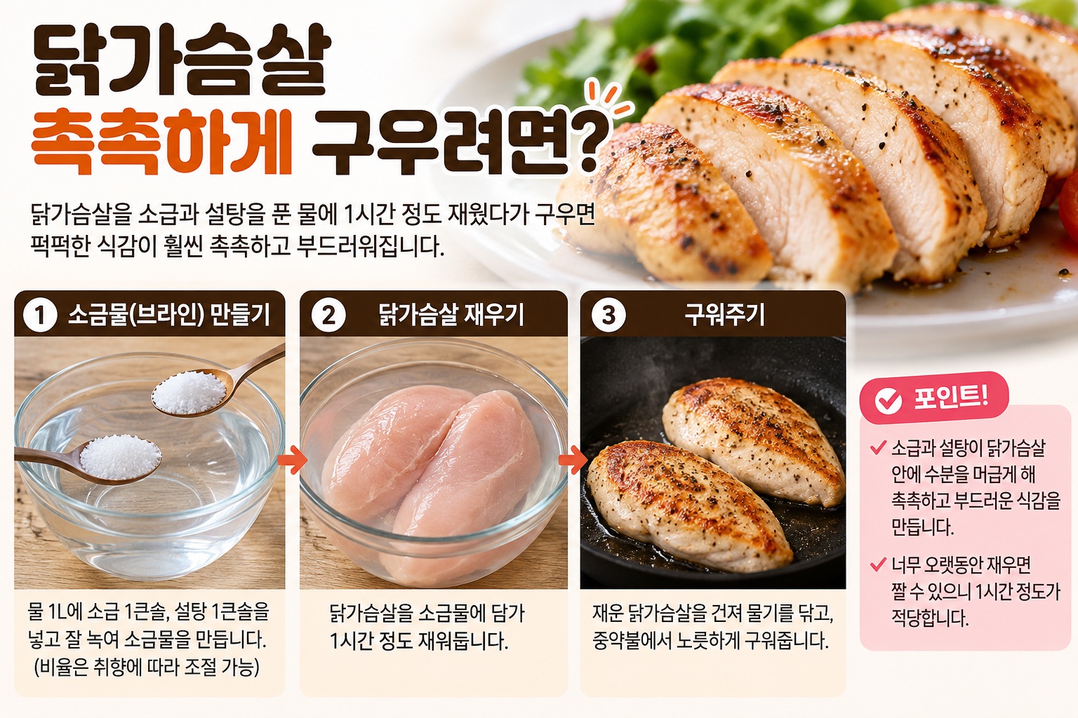 닭가슴살 촉촉하게 굽는 법, 소금·설탕물에 1시간