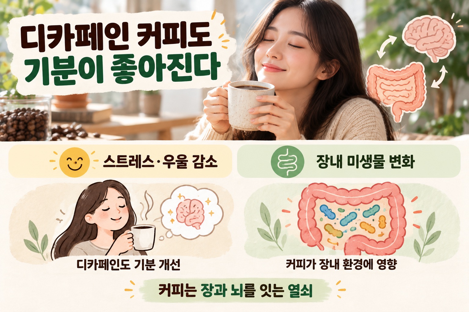 디카페인 커피 효과, 카페인 없어도 스트레스·우울 점수 낮아졌다…장내 미생물도 변화