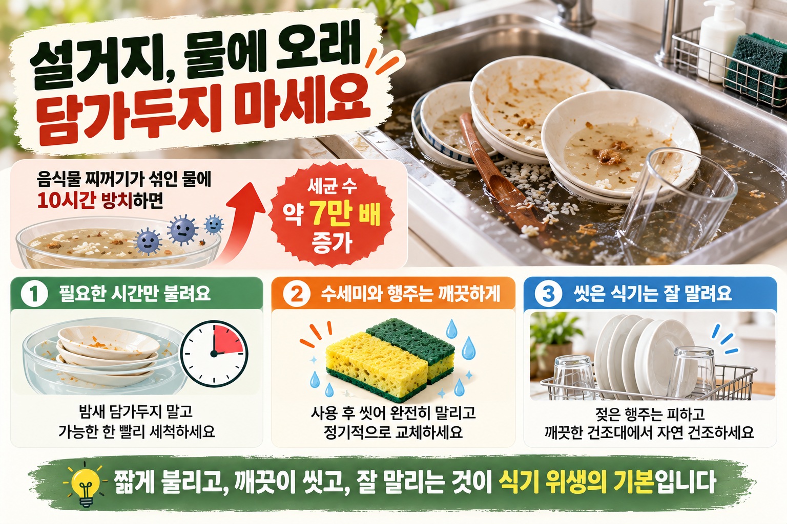 설거지 물에 담가두기, 밤새 방치하면 세균 늘어난다…수세미·건조까지 올바른 관리법