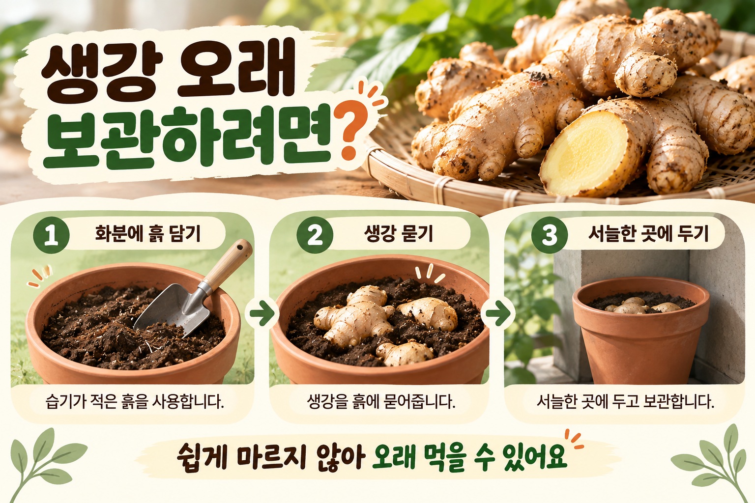 생강 오래 보관하는 법, 화분 흙에 묻어 마르지 않게 두는 방법