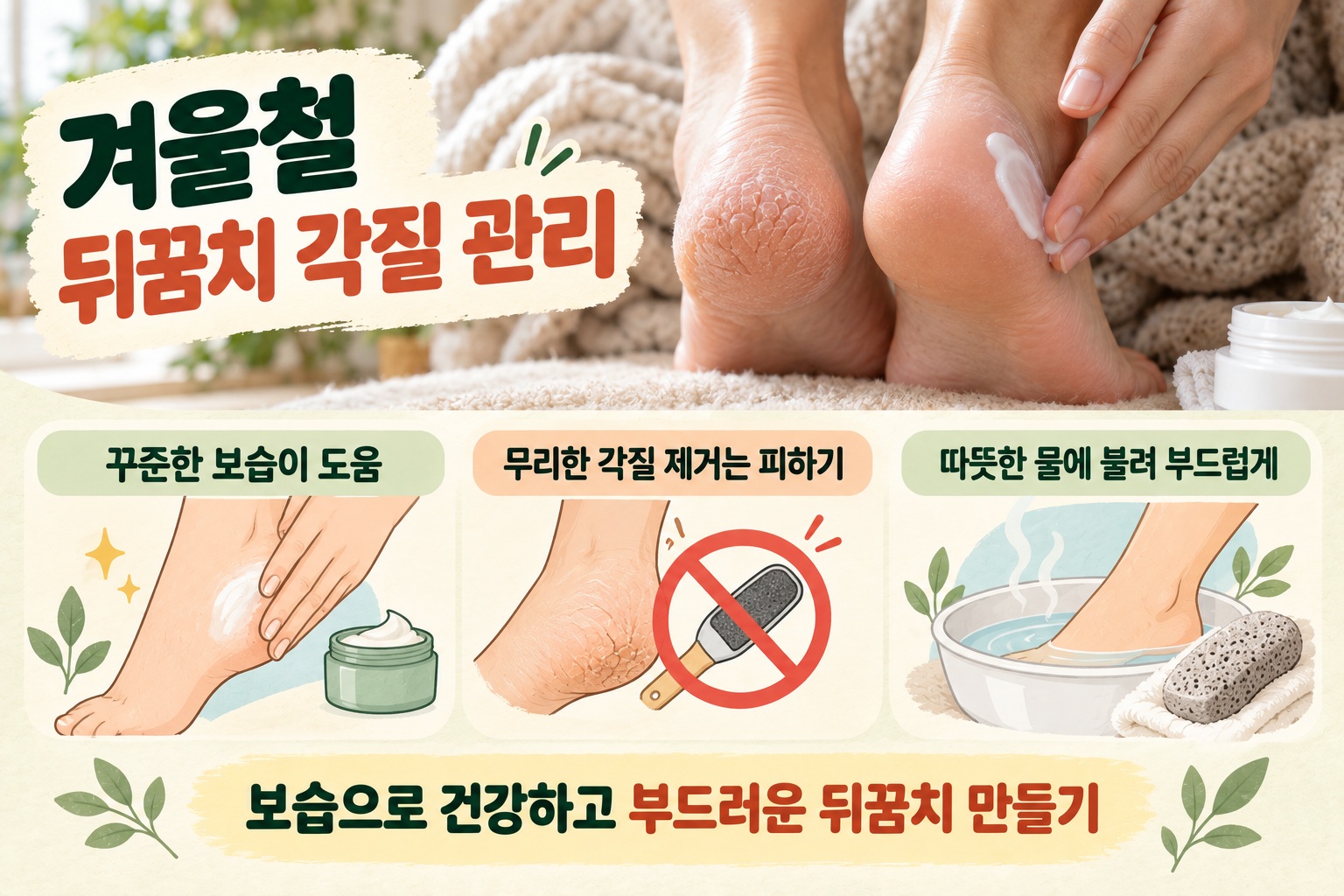 건조하고 두꺼워진 발뒤꿈치 각질에 보습제를 바르며 관리하는 모습