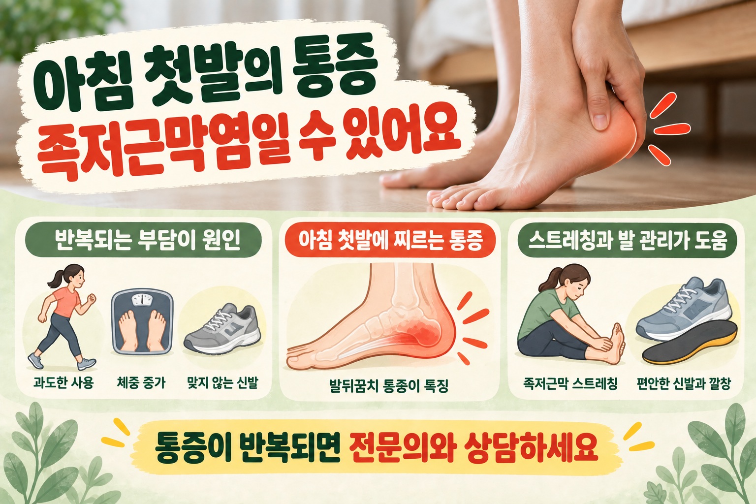 족저근막염 증상, 아침 첫발 내디딜 때 발뒤꿈치 아프면 의심