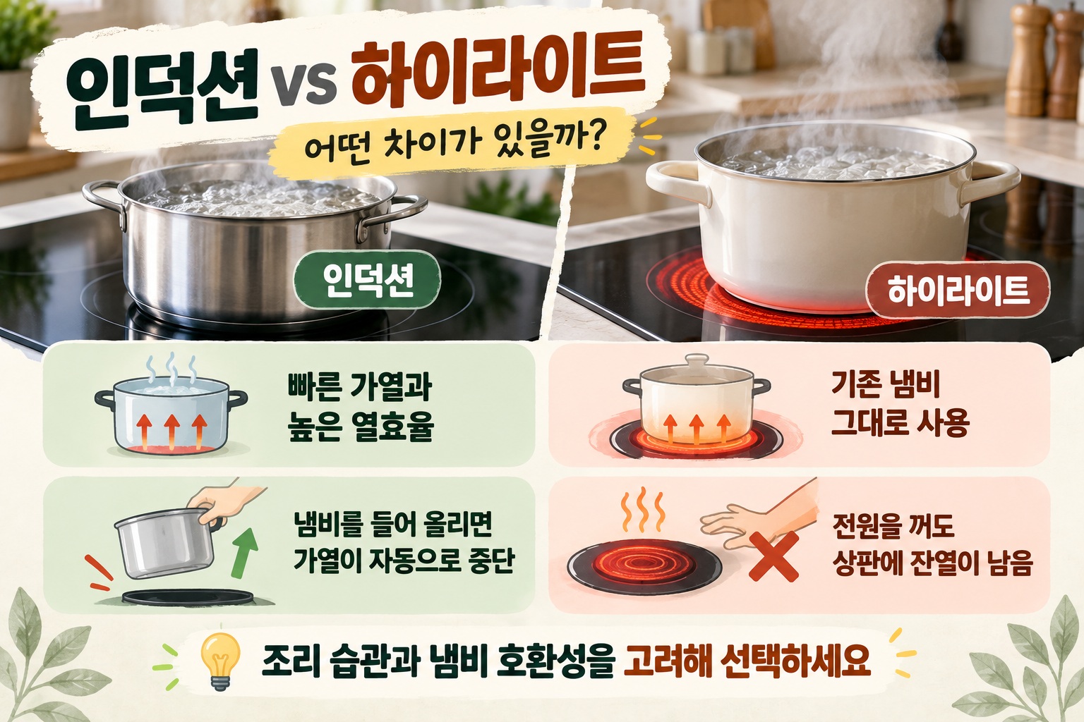 인덕션 하이라이트 차이, 가열 속도·냄비 호환·잔열까지 비교