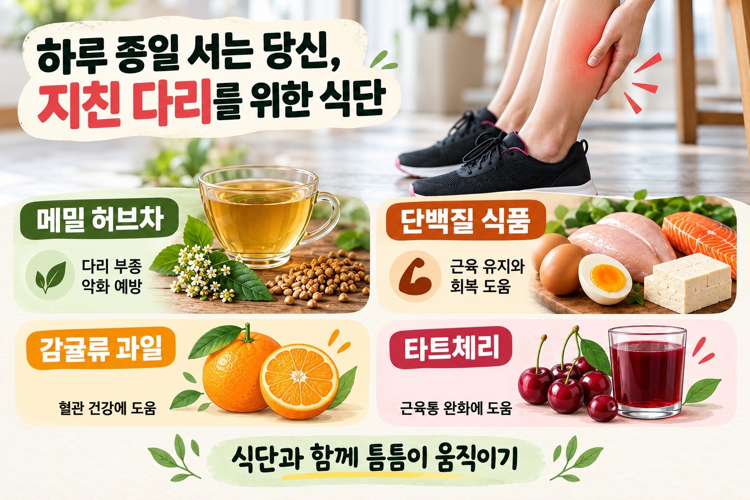 다리 붓기 음식, 오래 서서 일할 때 챙기면 좋은 메밀차·단백질·감귤류·타트체리