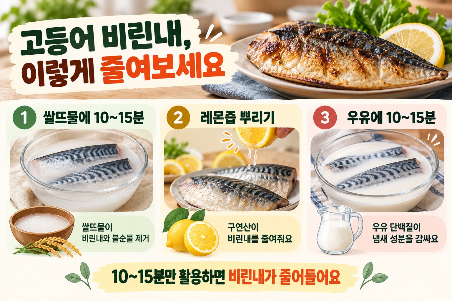 고등어 비린내 제거, 쌀뜨물과 우유는 10분 레몬즙은 조리 직전에