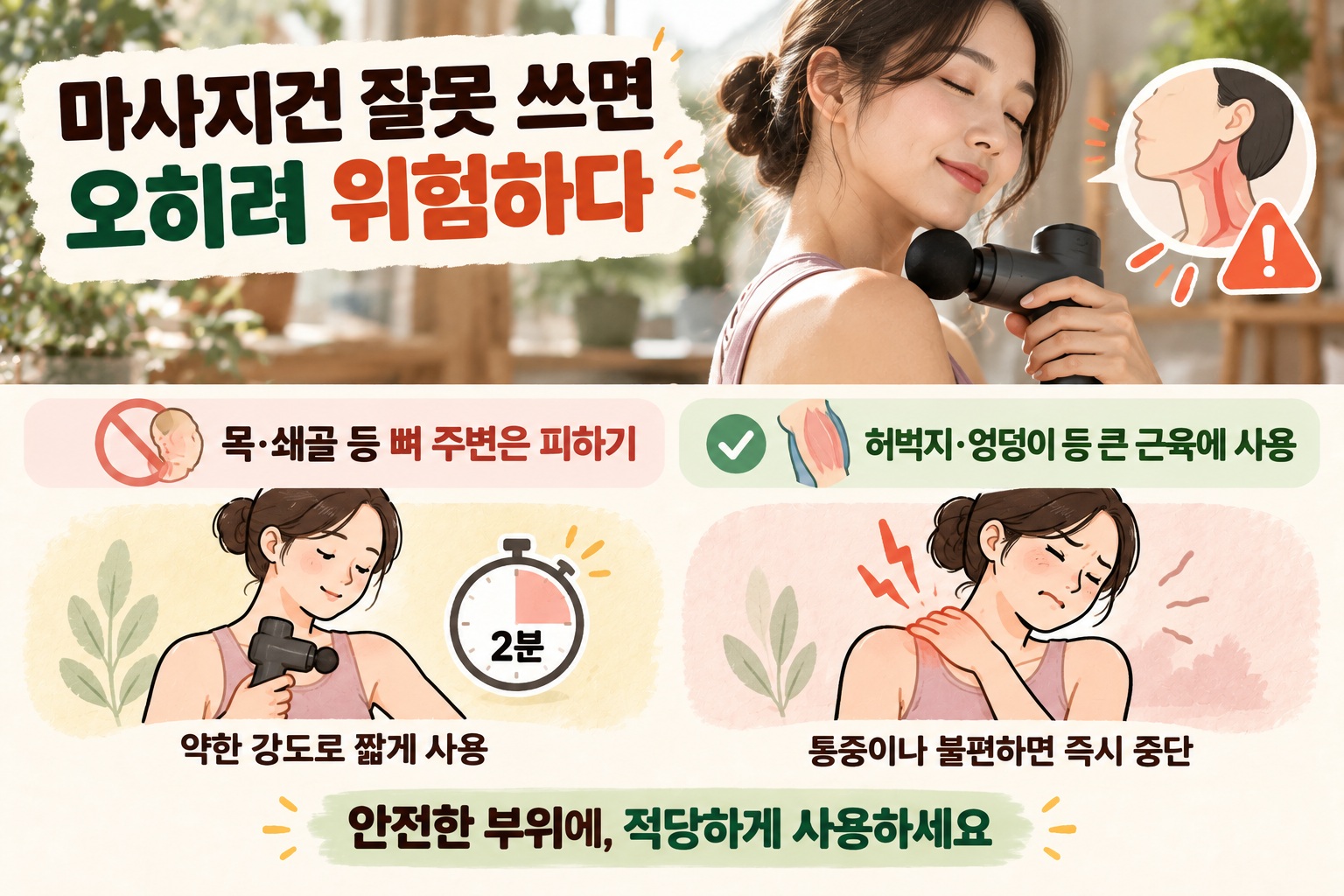 마사지건 사용법, 목·뼈는 피하고 근육당 2분…잘못 쓰면 혈관·근육 손상