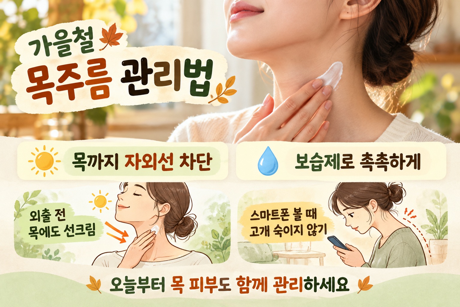 목주름 관리법, 가을철 꼭 챙길 보습·자외선 차단·스마트폰 습관