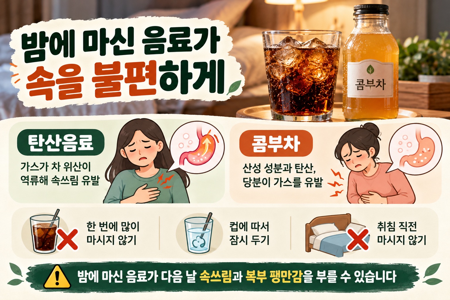 속쓰림 유발 음료, 밤에 콤부차·탄산음료를 피해야 하는 이유