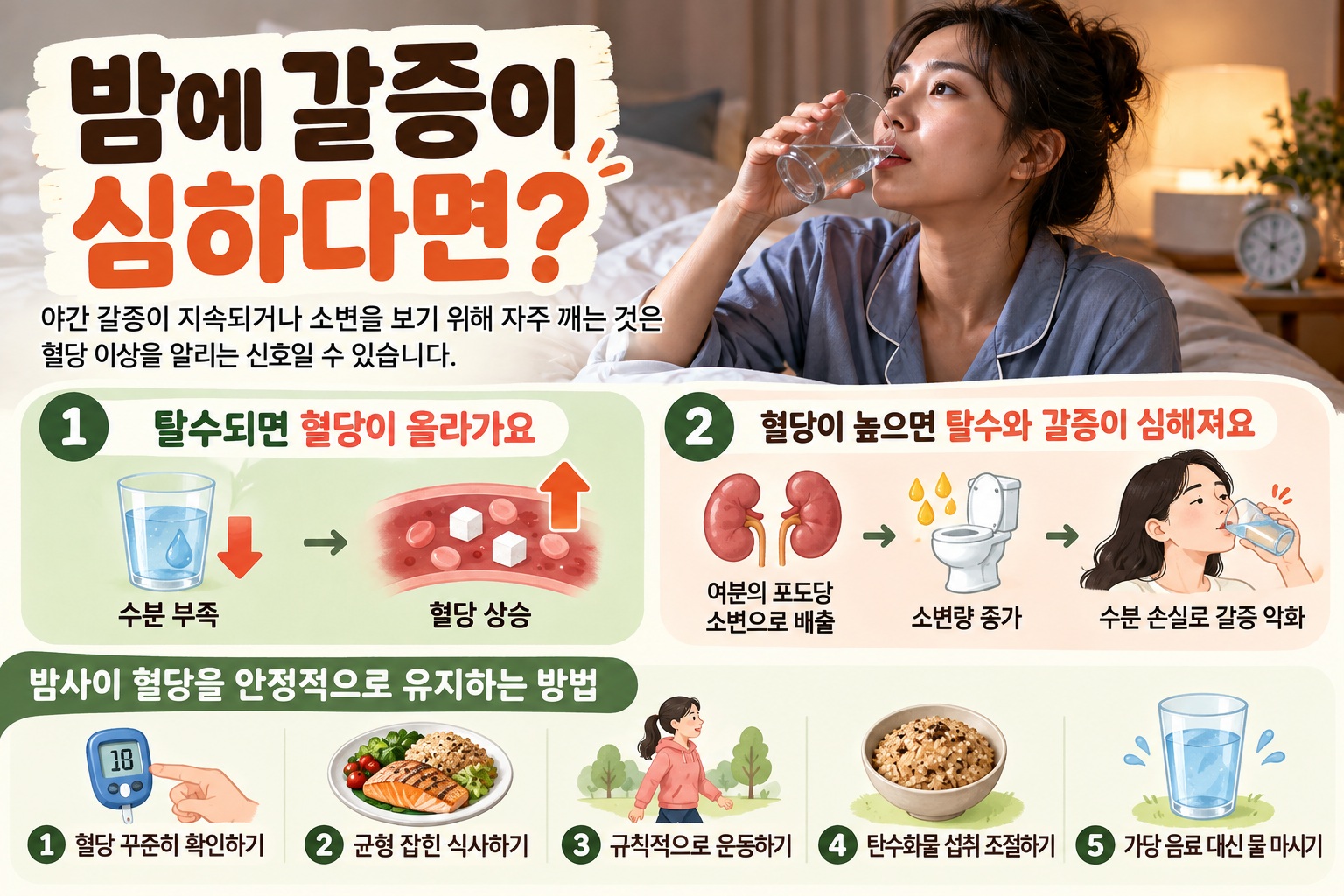 밤에 갈증 심한 이유, 소변까지 자주 본다면 혈당 이상 신호일 수 있다