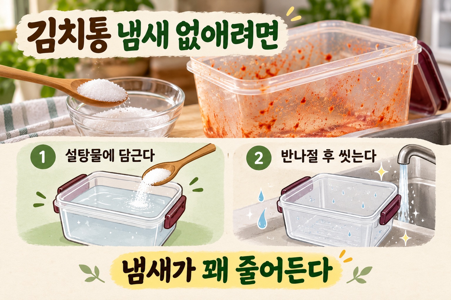 김치통 냄새 제거, 설탕물에 반나절 담가두는 간단한 방법