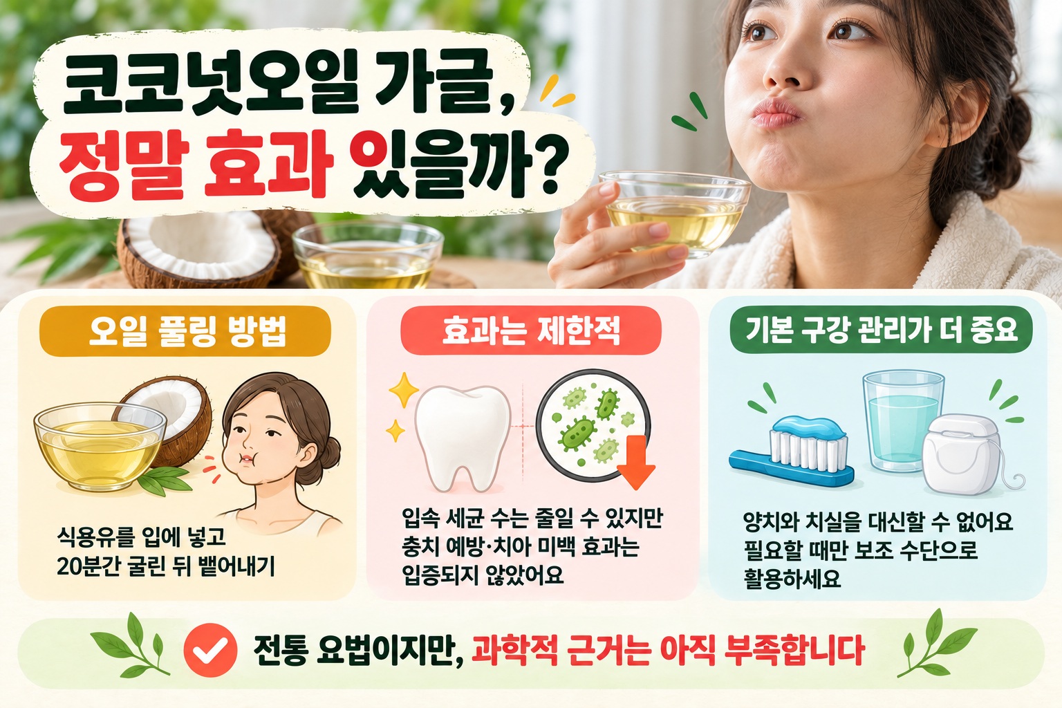 오일 풀링 효과, 코코넛오일로 치아 미백·충치 예방 가능할까