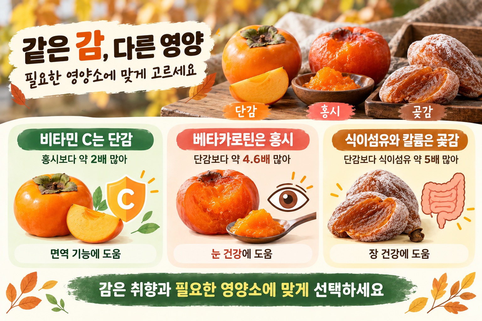 단감 홍시 곶감 영양 비교, 비타민 C·식이섬유·베타카로틴 가장 많은 감은?