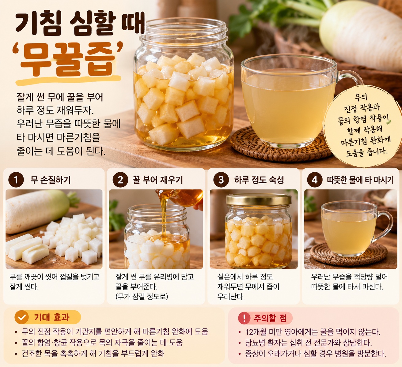 무꿀즙 만드는 법, 마른기침 심할 때 따뜻하게 마시는 간단한 방법