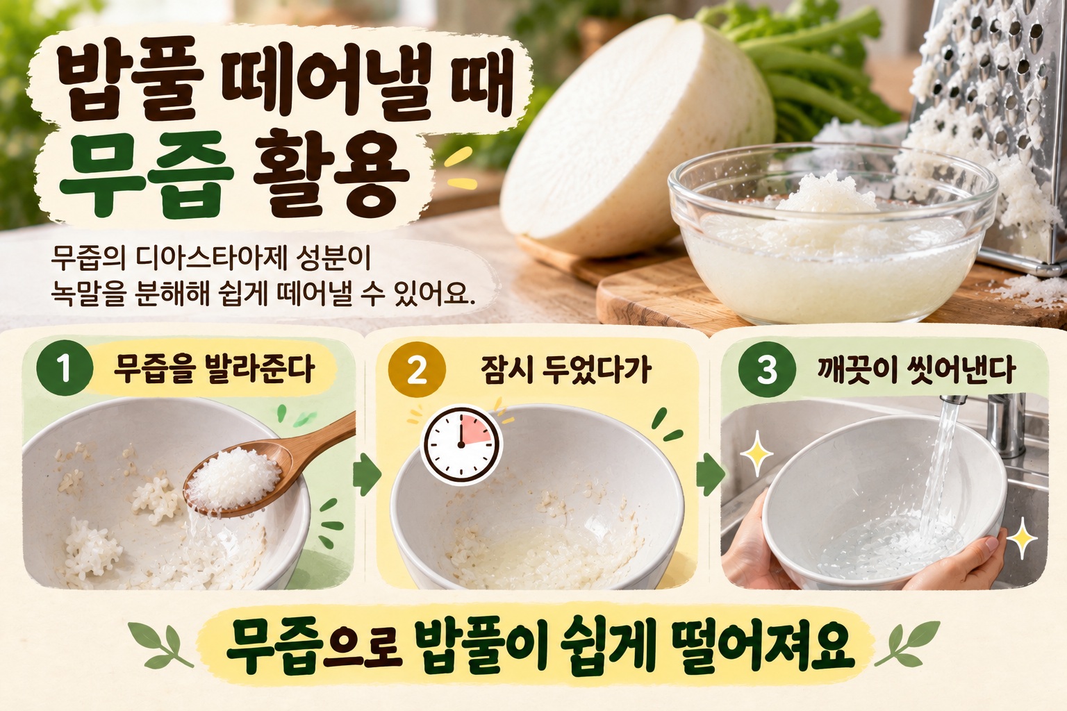 밥풀 쉽게 떼는 법, 그릇·앞치마에 붙었다면 무즙 활용하세요