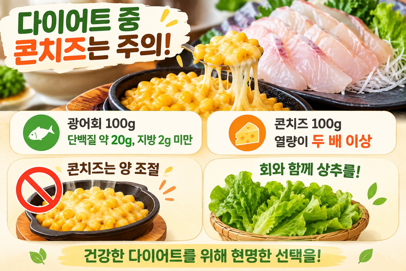 다이어트 회 먹을 때 콘치즈를 조심해야 하는 이유, 광어회보다 열량 높을 수 있다