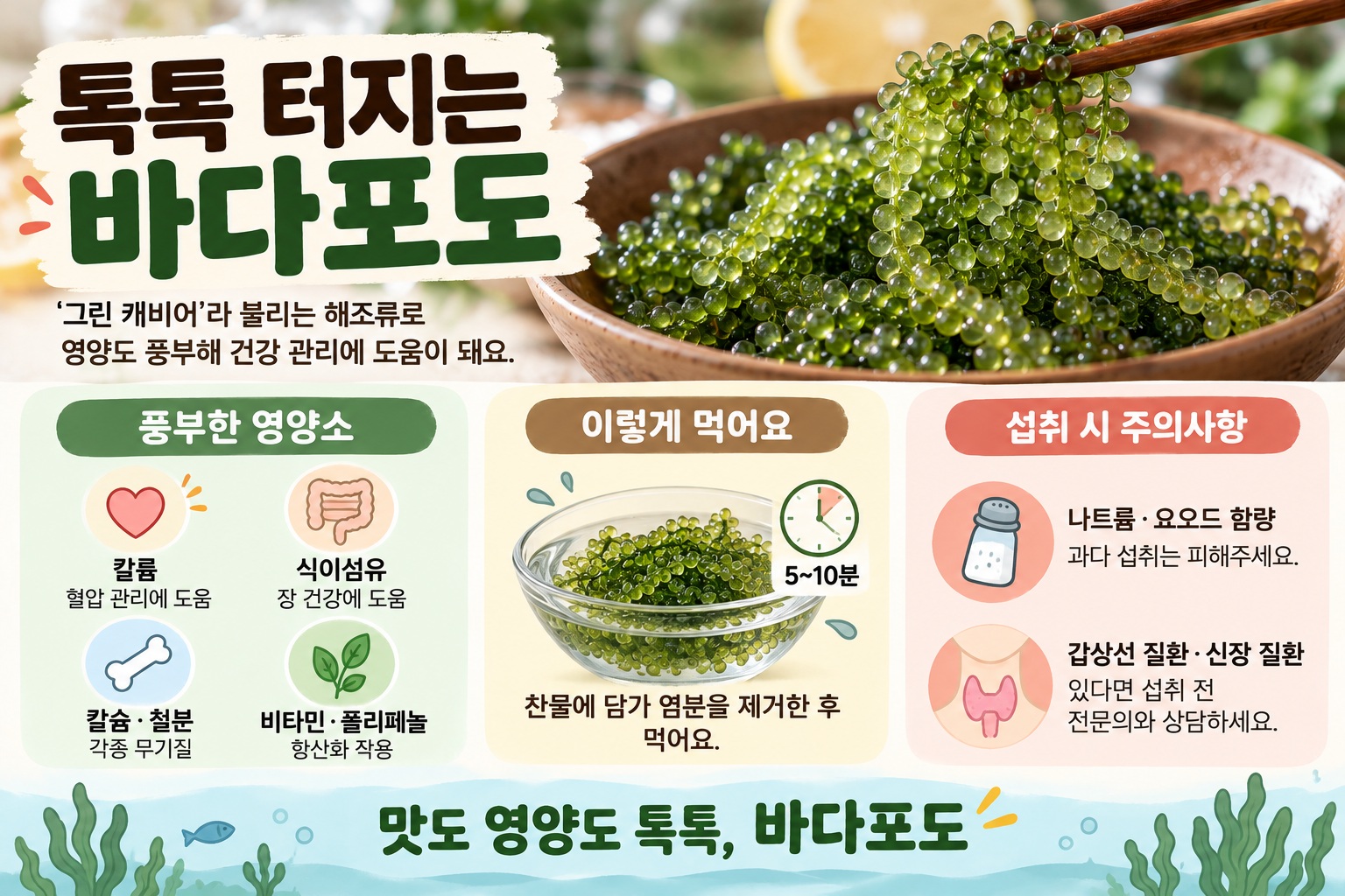 바다포도 효능 칼륨·식이섬유 풍부, 먹는 법과 요오드 주의사항